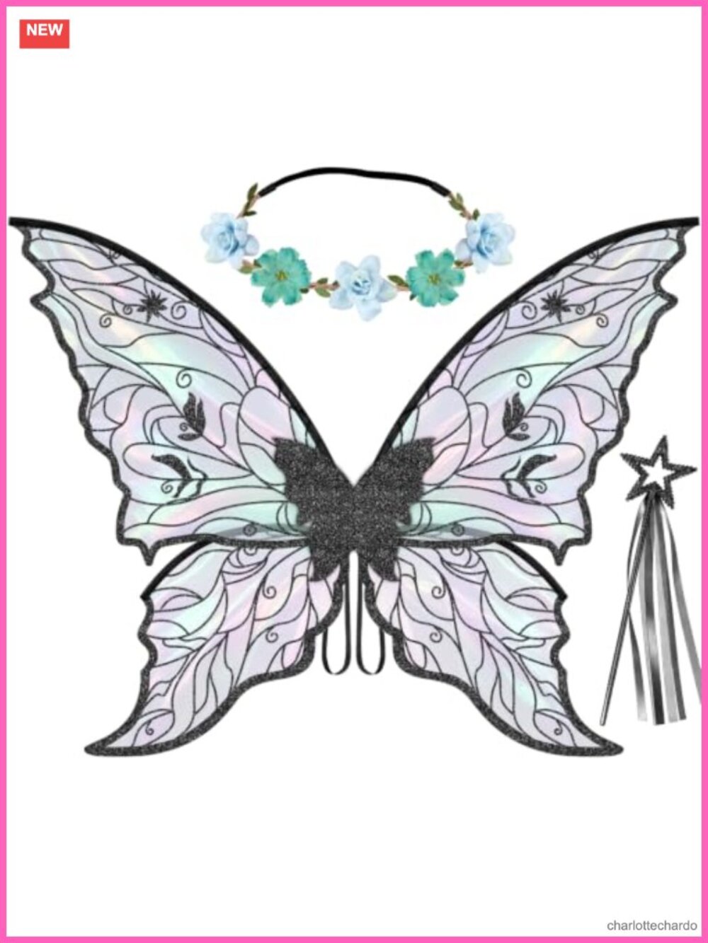 Adult Fairy Costume Set Wings Wand Floral Crown Organza Halloween Accessories